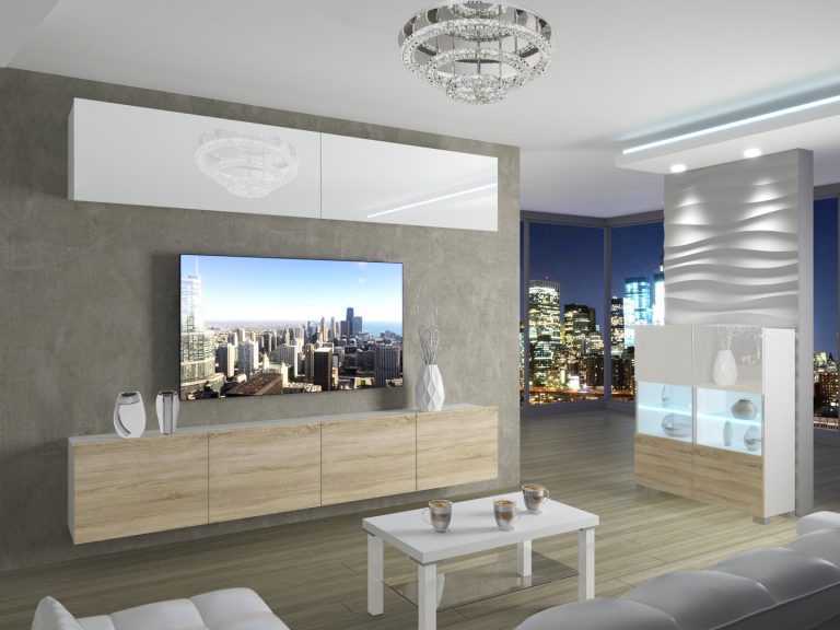 Meblościanka 200 cm TV/RTV biała połysk dębowa dąb wotan dąb sonoma Producent IMP 6/5/W/WDS/0/0