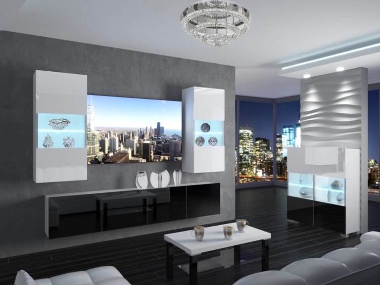 Meblościanka 200 cm TV/RTV czarna połysk biała połysk Producent IMP 7/5/W/WB/0/0