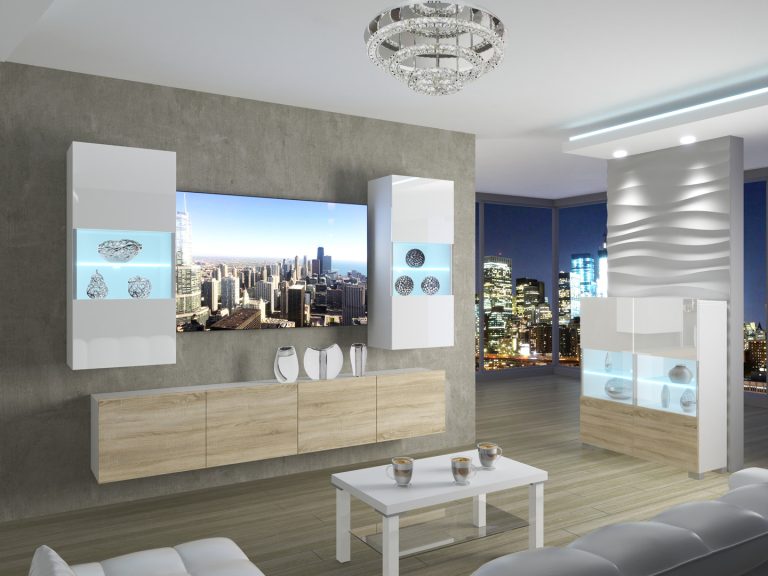 Meblościanka 200 cm TV/RTV biała połysk dębowa dąb wotan dąb sonoma Producent IMP 7/5/W/WDS/0/0