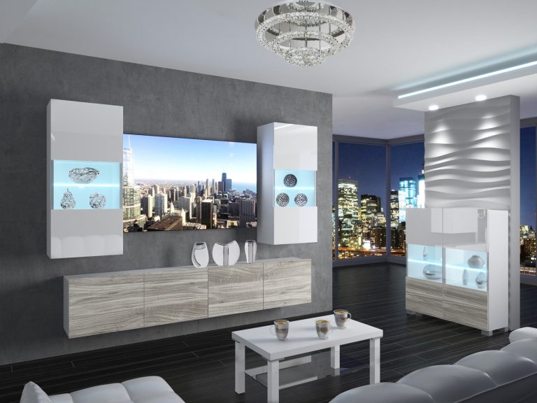 Meblościanka 200 cm TV/RTV biała połysk szara antracyt grafitowa Producent IMP 7/5/W/WGW1/0/0