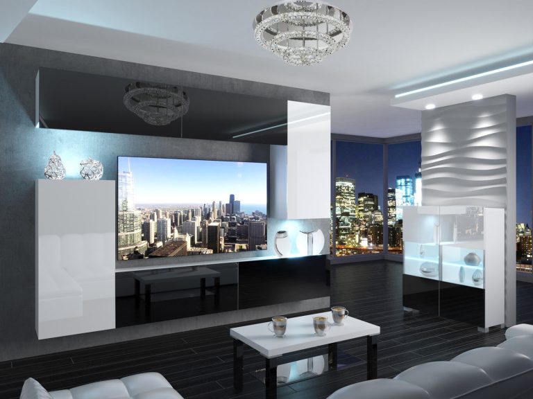 Meblościanka 250 cm TV/RTV biała połysk czarna połysk Producent IMP 8/5/W/BWWB/0/0