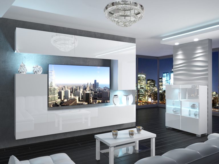 Meblościanka 250 cm TV/RTV biała połysk Producent IMP 8/5/W/W/0/0