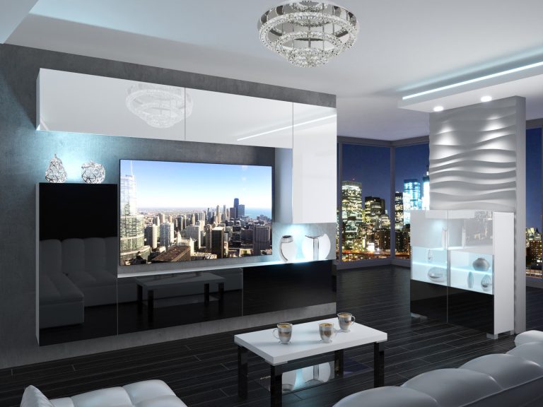 Meblościanka 250 cm TV/RTV biała połysk czarna połysk Producent IMP 8/5/W/WB/0/0