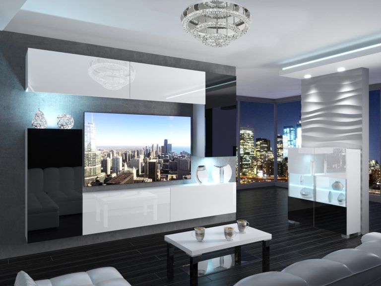 Meblościanka 250 cm TV/RTV biała połysk czarna połysk Producent IMP 8/5/W/WBBW/0/0