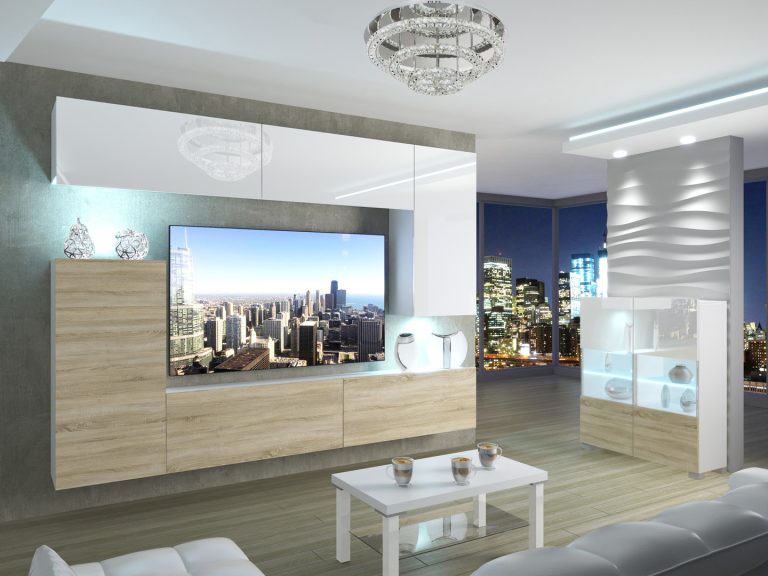 Meblościanka 250 cm TV/RTV biała połysk dębowa dąb wotan dąb sonoma Producent IMP 8/5/W/WDS/0/0