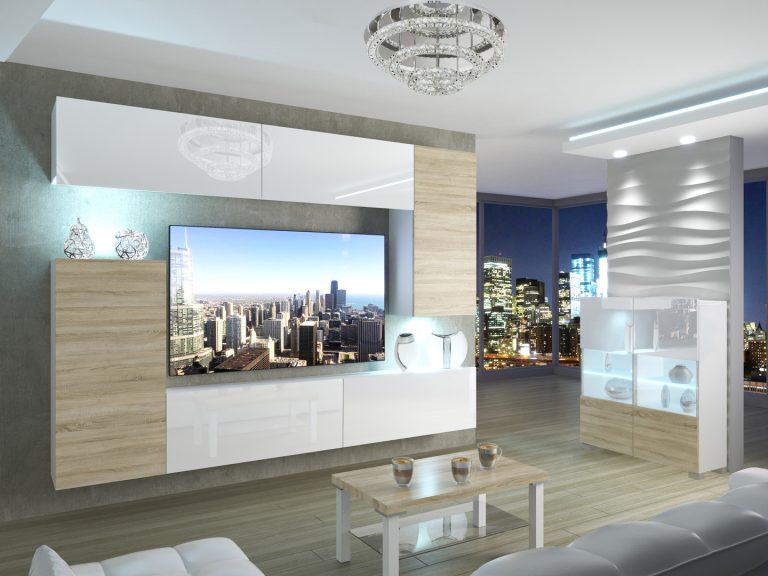 Meblościanka 250 cm TV/RTV biała połysk dębowa dąb wotan dąb sonoma Producent IMP 8/5/W/WDSDSW/0/0