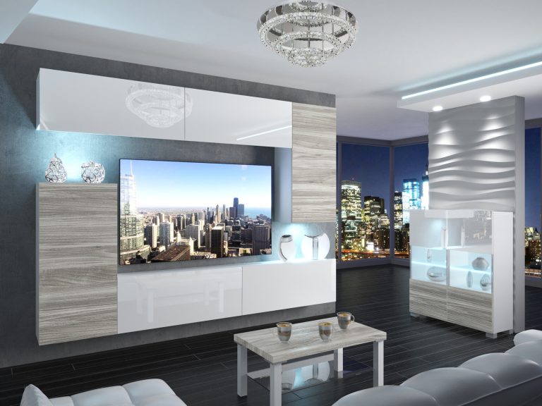 Meblościanka 250 cm TV/RTV biała połysk szara antracyt grafitowa Producent IMP 8/5/W/WGW1GW1W/0/0