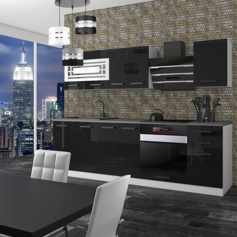 Meble kuchenne Premium Full Version 240 cm czarne połysk z blatem Producent INF MARGARET/0/WT/B/B/B1