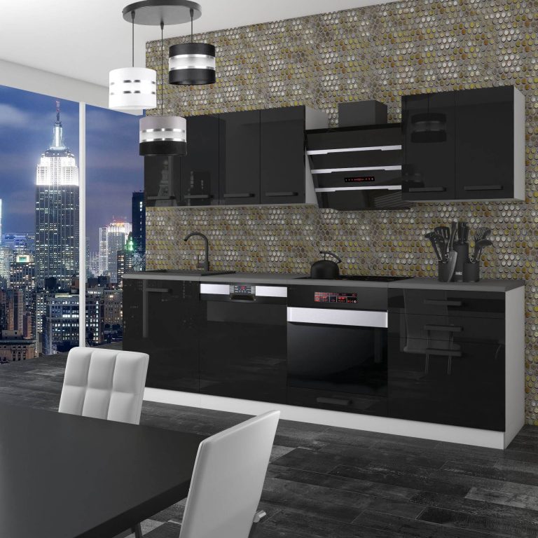 Meble kuchenne Premium Full Version 240 cm czarne połysk z blatem Producent INF SUSAN/0/WT/B/B/B1