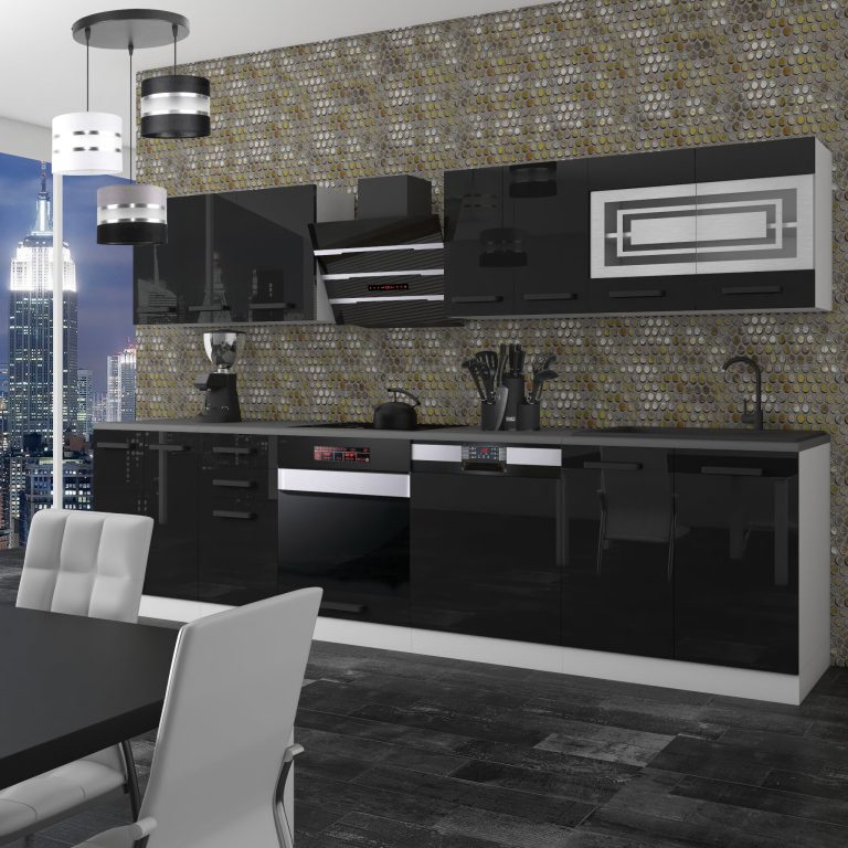 Meble kuchenne Premium Full Version 300 cm czarne połysk bez blatu Producent INF LUCY/0/WT/B/0/B1
