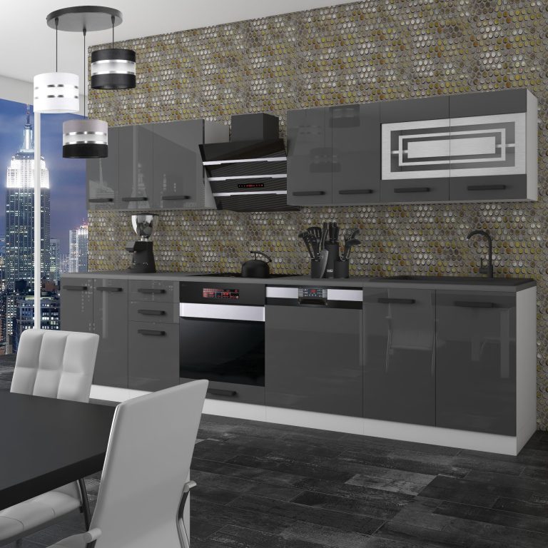 Meble kuchenne Premium Full Version 300 cm szare połysk bez blatu Producent INF LUCY/0/WT/S/0/B1