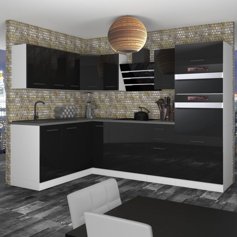 Meble kuchenne Premium Full Version 420 cm czarne połysk bez blatu Producent INF MELANIE/0/WT/B/0/B1