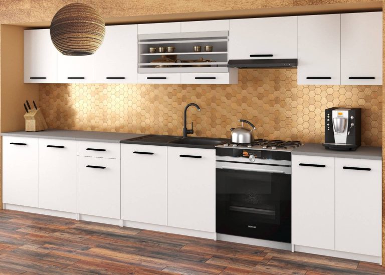 Meble kuchenne 320 cm białe mat bez blatu Producent TOR JULIA/3/WT/WT/BB/B1