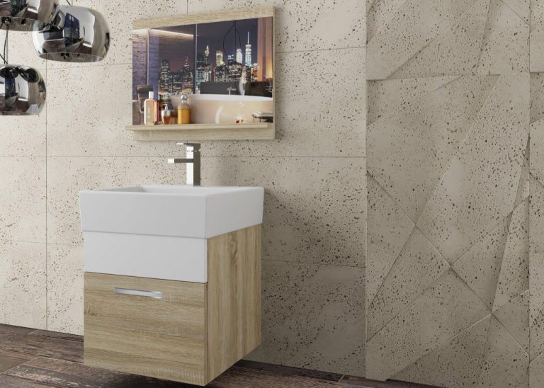 Meble łazienkowe szafki z umywalką z lustrem białe mat dębowe dąb wotan dąb sonoma Producent