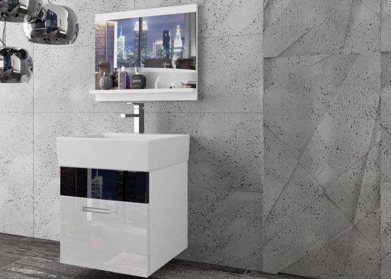 Meble łazienkowe szafki z umywalką z lustrem białe połysk czarne połysk Producent