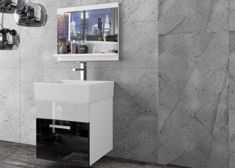 Meble łazienkowe szafki z umywalką z lustrem czarne połysk białe połysk Producent