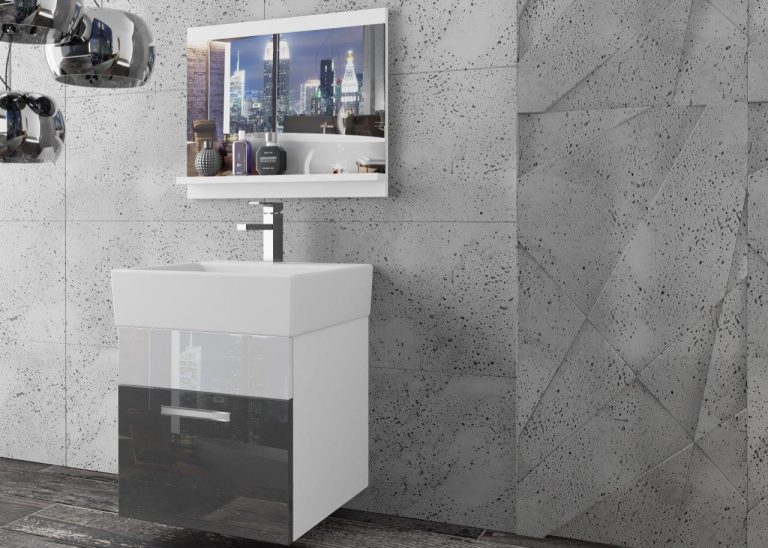 Meble łazienkowe szafki z umywalką z lustrem szare połysk białe połysk Producent