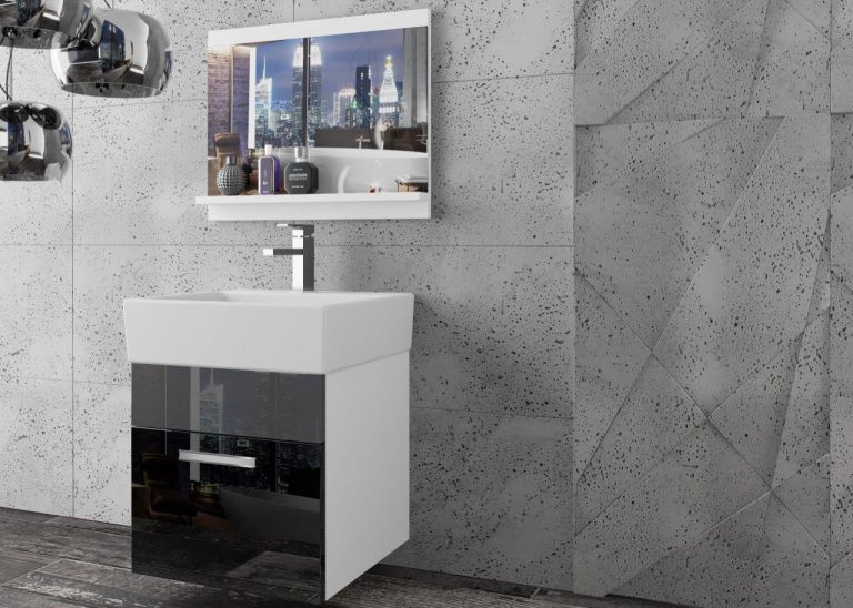 Meble łazienkowe szafki z umywalką z lustrem czarne połysk szare połysk Producent