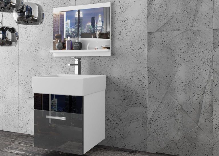 Meble łazienkowe szafki z umywalką z lustrem szare połysk czarne połysk Producent