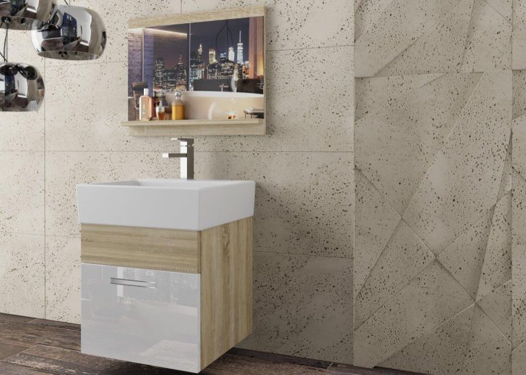 Meble łazienkowe szafki z umywalką z lustrem białe połysk dębowe dąb wotan dąb sonoma Producent