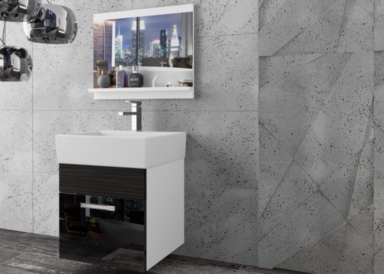 Meble łazienkowe szafki z umywalką z lustrem czarne połysk czarne heban ciemne Producent