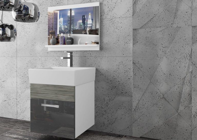 Meble łazienkowe szafki z umywalką z lustrem szare połysk szare antracyt grafitowe Producent