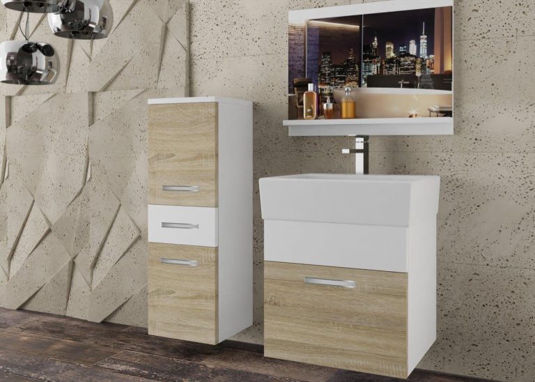 Meble łazienkowe szafki z umywalką z lustrem białe mat dębowe dąb wotan dąb sonoma Producent