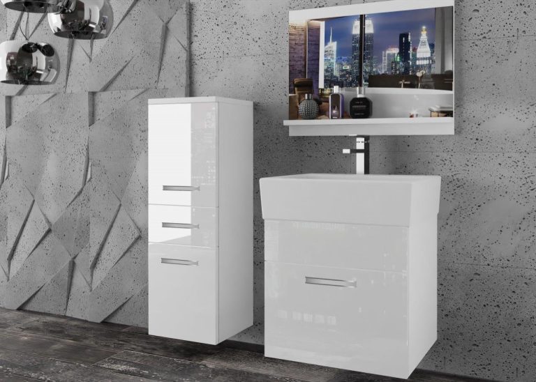 Meble łazienkowe szafki z umywalką z lustrem białe połysk Producent