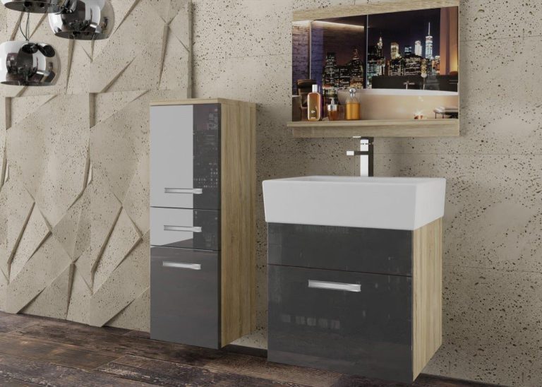 Meble łazienkowe szafki z umywalką z lustrem szare połysk Producent