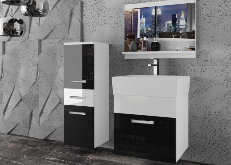 Meble łazienkowe szafki z umywalką z lustrem czarne połysk białe połysk Producent