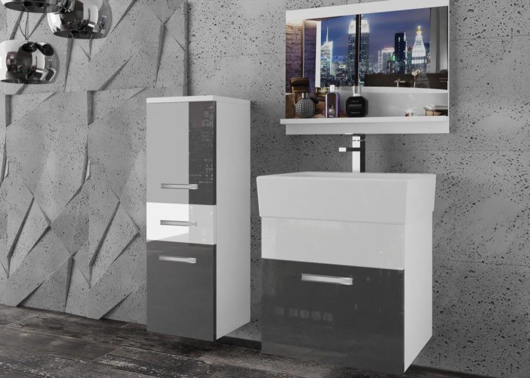 Meble łazienkowe szafki z umywalką z lustrem szare połysk białe połysk Producent