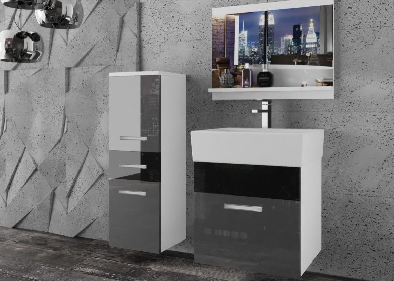 Meble łazienkowe szafki z umywalką z lustrem szare połysk czarne połysk Producent