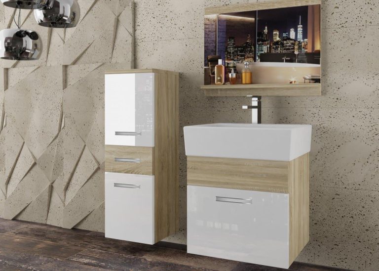 Meble łazienkowe szafki z umywalką z lustrem białe połysk dębowe dąb wotan dąb sonoma Producent