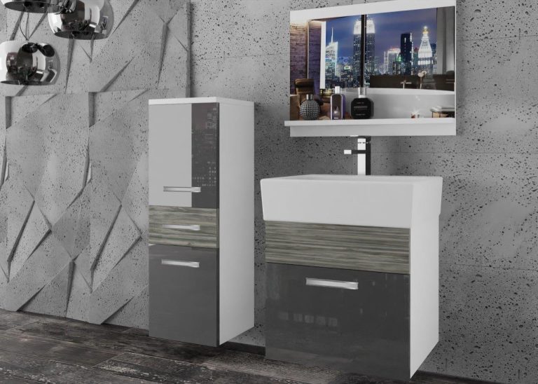 Meble łazienkowe szafki z umywalką z lustrem szare połysk szare antracyt grafitowe Producent