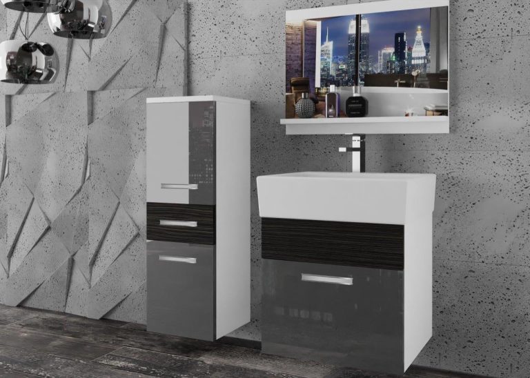 Meble łazienkowe szafki z umywalką z lustrem szare połysk czarne heban ciemne Producent