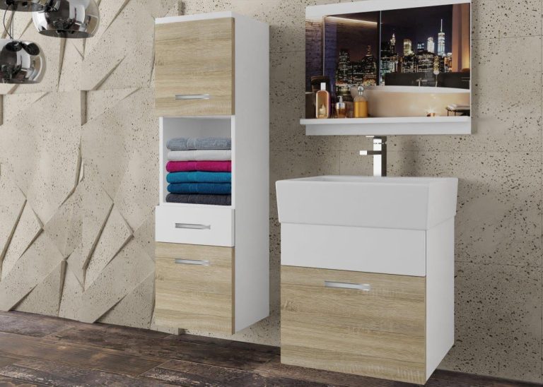 Meble łazienkowe szafki z umywalką z lustrem białe mat dębowe dąb wotan dąb sonoma Producent
