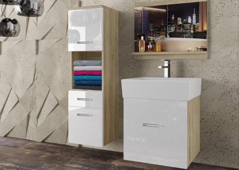 Meble łazienkowe szafki z umywalką z lustrem białe połysk Producent