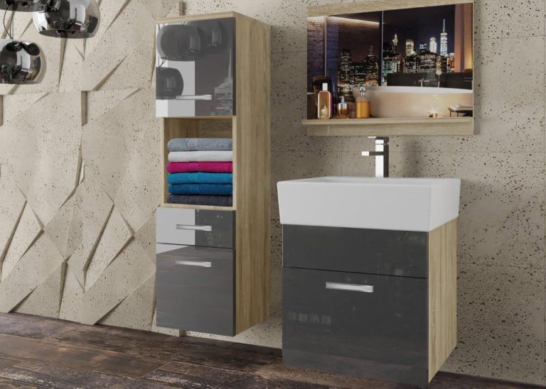 Meble łazienkowe szafki z umywalką z lustrem szare połysk Producent