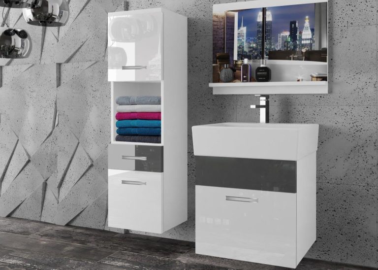 Meble łazienkowe szafki z umywalką z lustrem białe połysk szare połysk Producent