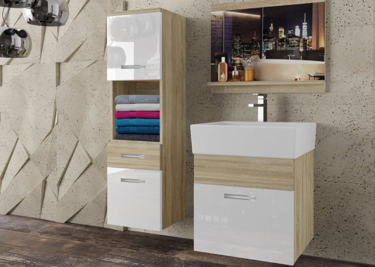 Meble łazienkowe szafki z umywalką z lustrem białe połysk dębowe dąb wotan dąb sonoma Producent