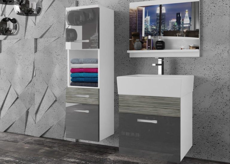 Meble łazienkowe szafki z umywalką z lustrem szare połysk szare antracyt grafitowe Producent