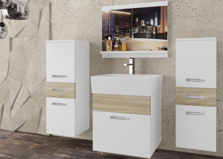 Meble łazienkowe szafki z umywalką z lustrem białe mat dębowe dąb wotan dąb sonoma Producent