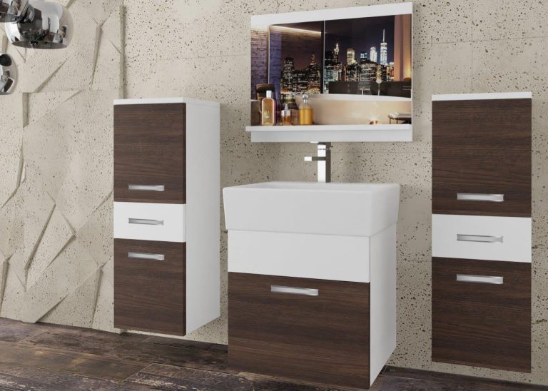 Meble łazienkowe szafki z umywalką z lustrem białe mat brązowe heban kasztanowe Producent