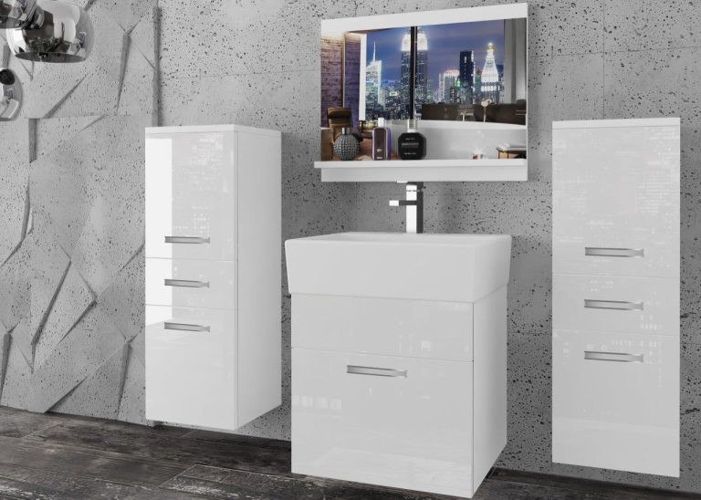 Meble łazienkowe szafki z umywalką z lustrem białe połysk Producent