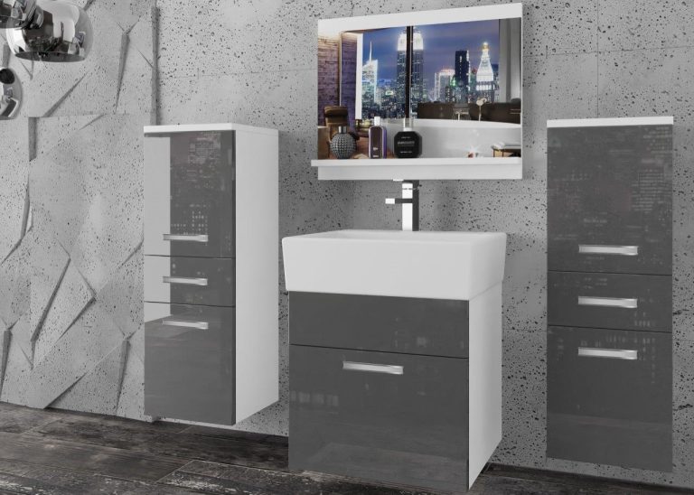 Meble łazienkowe szafki z umywalką z lustrem szare połysk Producent