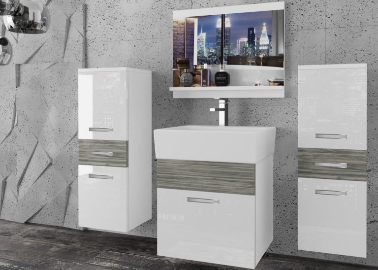 Meble łazienkowe szafki z umywalką z lustrem białe połysk szare antracyt grafitowe Producent