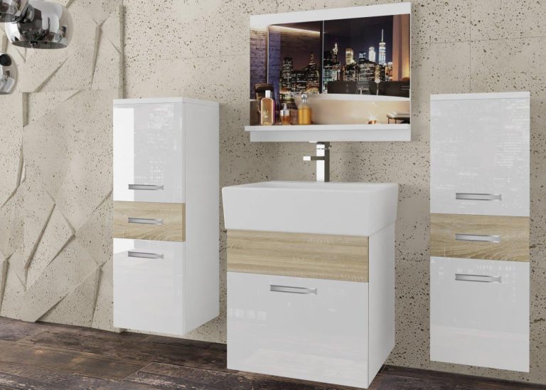 Meble łazienkowe szafki z umywalką z lustrem białe połysk dębowe dąb wotan dąb sonoma Producent
