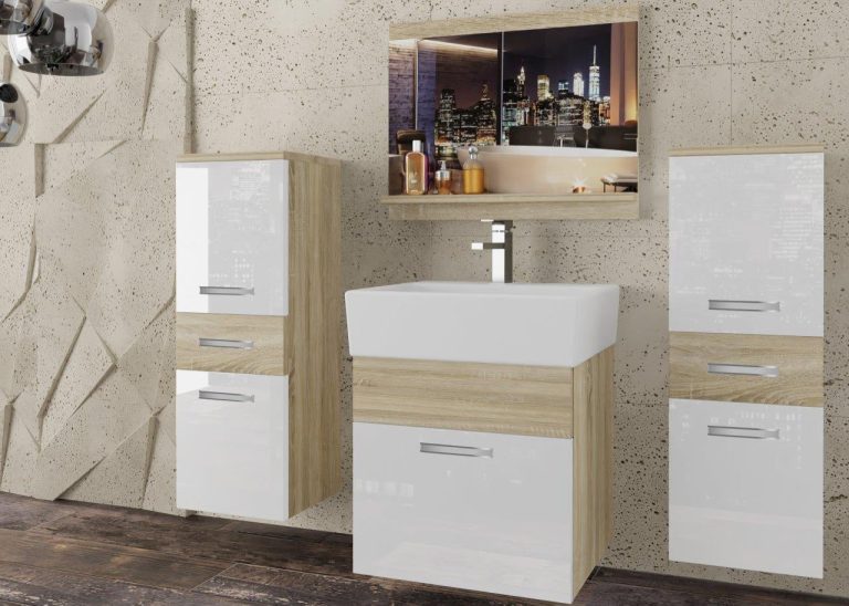 Meble łazienkowe szafki z umywalką z lustrem białe połysk dębowe dąb wotan dąb sonoma Producent