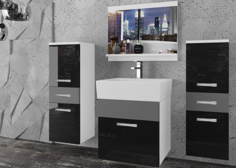 Meble łazienkowe szafki z umywalką z lustrem czarne połysk szare antracyt grafitowe Producent
