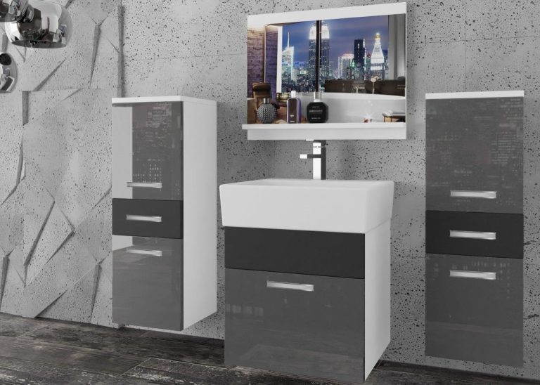 Meble łazienkowe szafki z umywalką z lustrem szare połysk szare antracyt grafitowe Producent